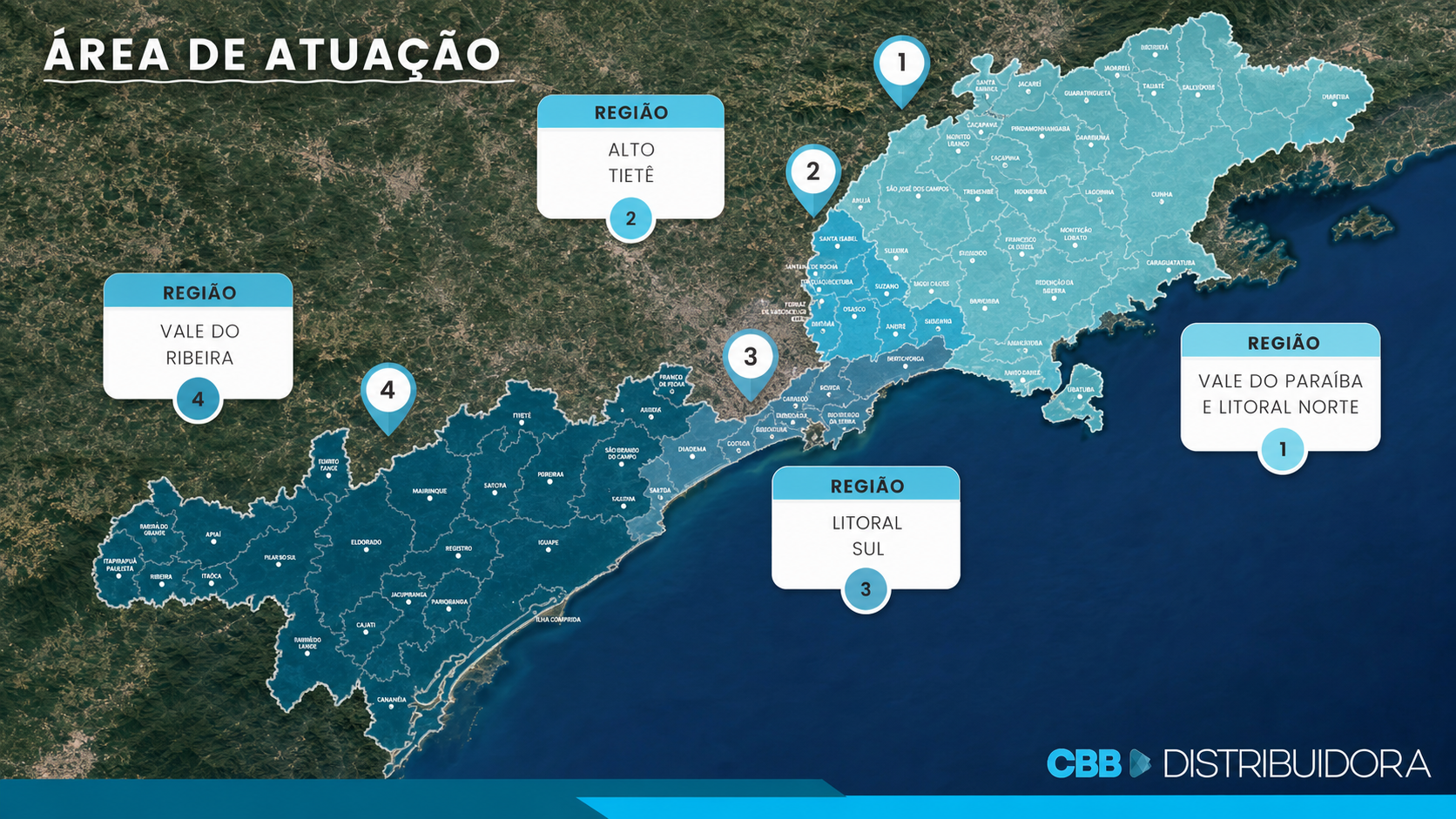 Mapa de satélite da área de atuação da CBB Distribuidora: Alto Tietê, Vale do Paraíba e Litoral Norte, Litoral Sul e Vale do Ribeira
